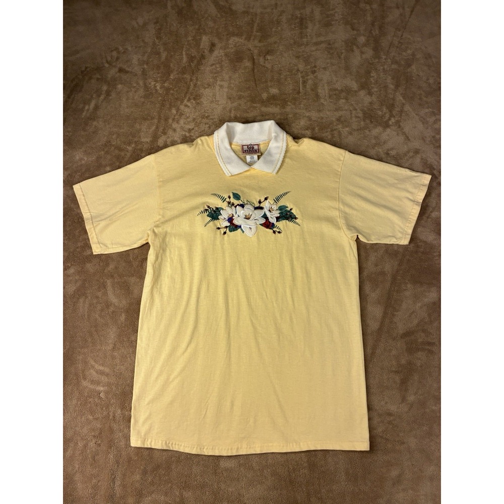 VTG Top Stitch by Morning Sun Women Butter Yellow Floral Embroidered Polo Top L